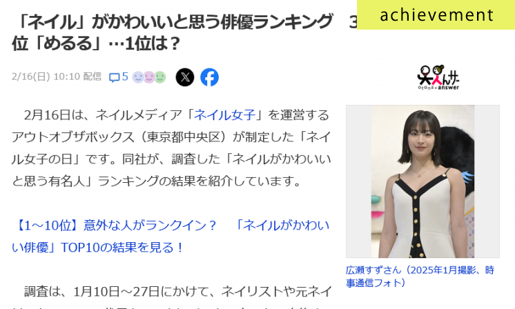 ネイルがかわいいと思う有名人に関するアンケート調査がYahoo!ニュースに掲載されました