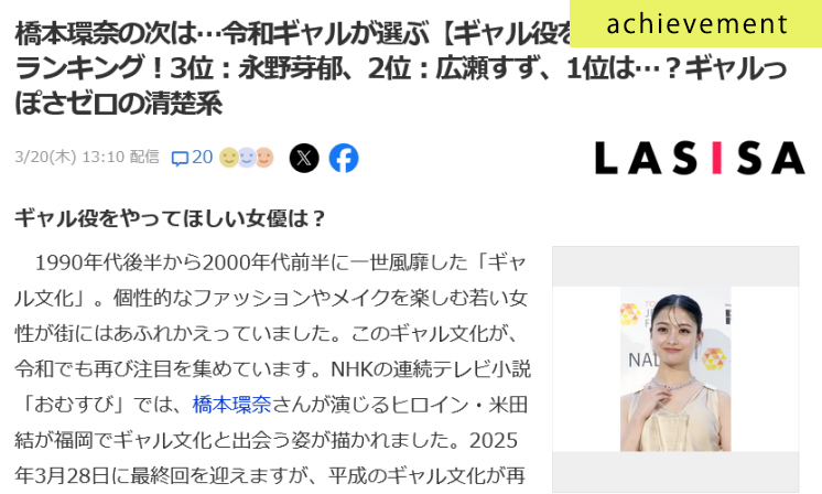 ギャル役をしてほしい俳優に関するアンケート調査がYahoo!ニュースに掲載されました