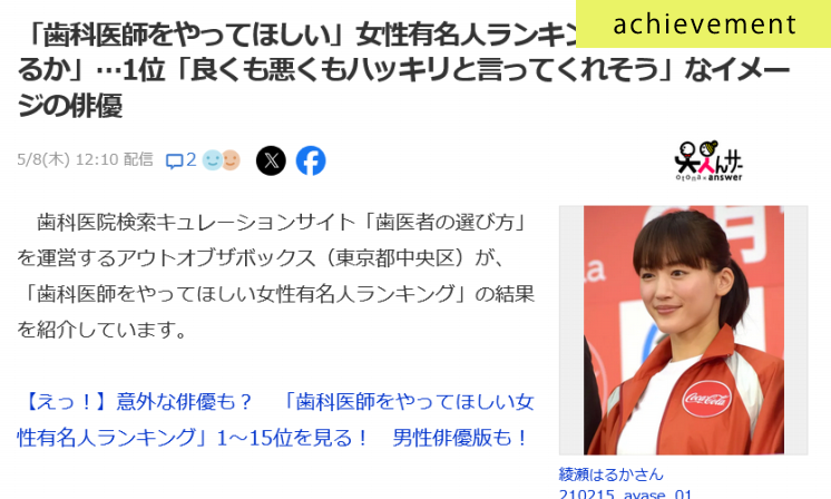 歯科医師をやってほしい女性有名人に関するアンケート調査がYahoo!ニュースに掲載されました