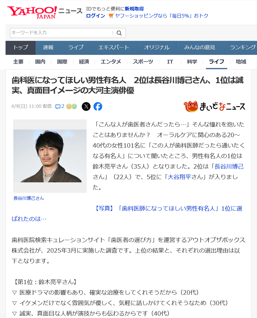 ６月８日歯科医師をやってほしい男性有名人に関するアンケート調査