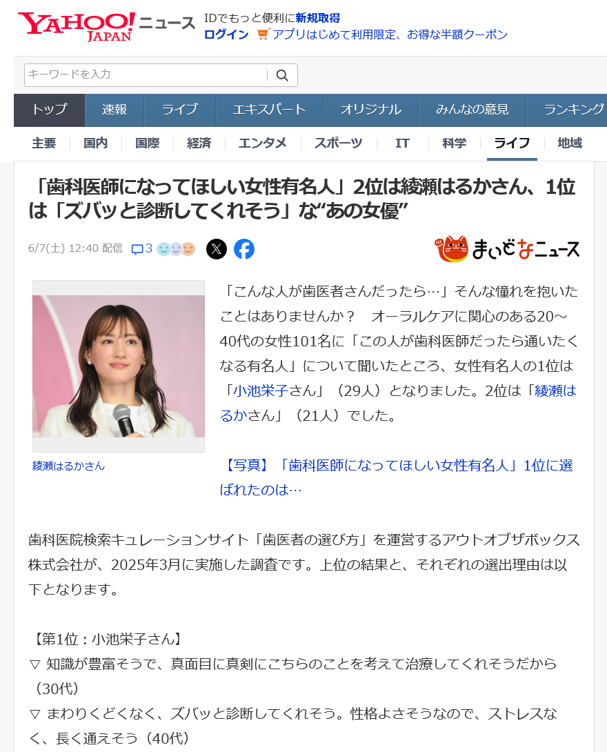 ６月７日歯科医師をやってほしい女性有名人に関するアンケート調査
