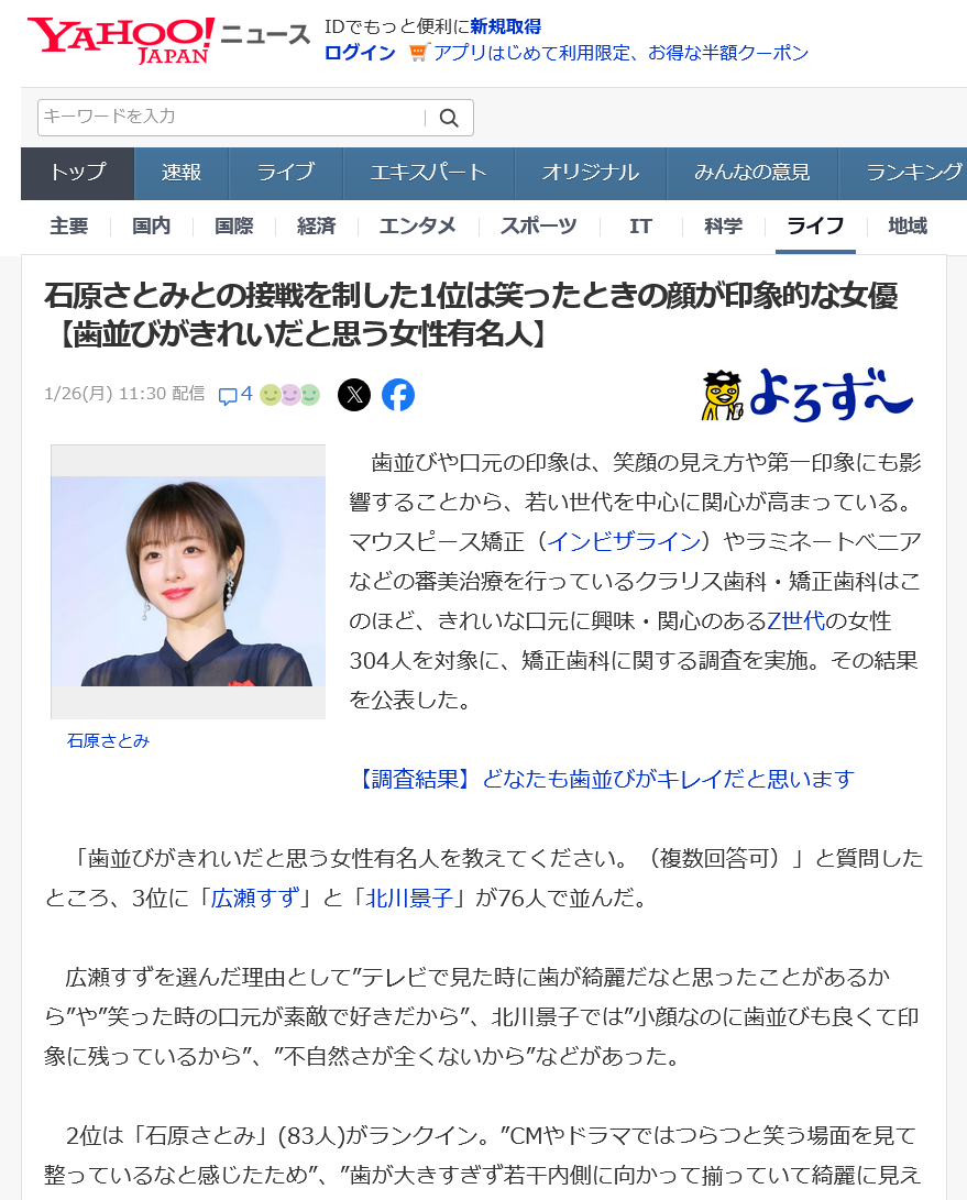1月26日歯並びがきれいだと思う女性有名人news用
